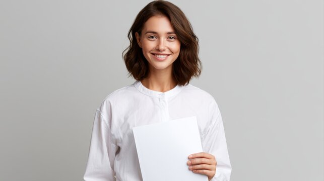Young woman holding paperwork and smiling proudly about work success, isolated office concept