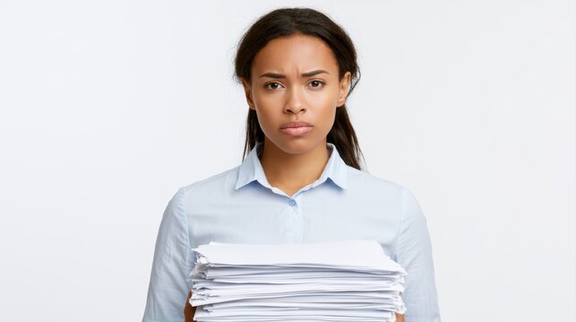 Overworked businesswoman receiving more paperwork while holding existing pile, frustrated office concept, white background