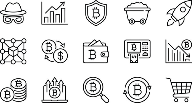 Bitcoin and cryptocurrency icon set with digital wallet blockchain mining rocket financial charts and security linear vector symbols