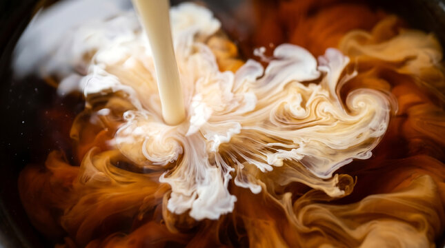 Creamy milk or creamer pouring into dark black coffee creating dynamic abstract swirling textures waves and cloud patterns close up overhead macro shot