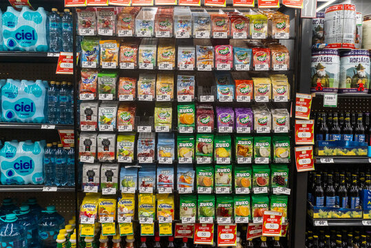 Villa de Alvarez, Colima. Mexico. May 15, 2026: Zuko and Tang Drink Mix Sachets Displayed on Retail Store Shelf