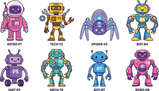 Cute Futuristic Robot and Astronaut Character Set Featuring Sci-Fi Droids, Spider Bot, and Mecha Mascots for Game UI and Cyberpunk Vector Designs