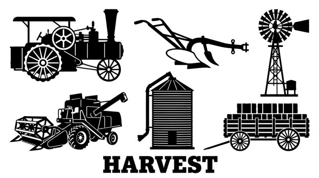 Vintage and Modern Agricultural Machinery Silhouette Set including Tractor, Combine Harvester, Windmill, Silo, and Plow for Harvest Concept Illustration
