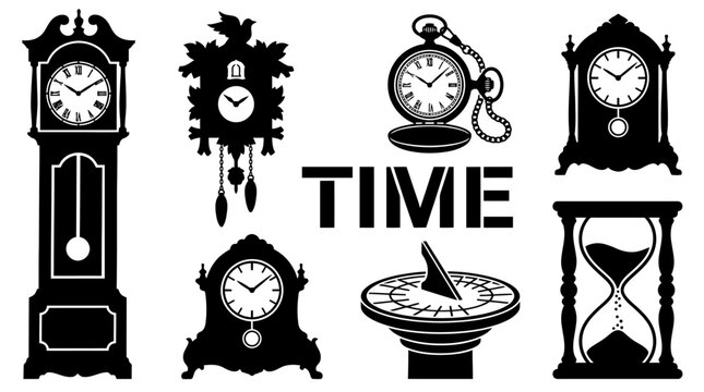 Collection of Vintage and Antique Timekeeping Device Silhouettes, including Grandfather Clock, Cuckoo Clock, Pocket Watch, Sundial, and Hourglass, Vector Illustration