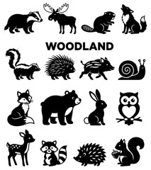 Obraz premium Woodland Animal Silhouette Collection - Vector Illustrations of Badger, Moose, Beaver, Wolf, Skunk, Porcupine, Wild Boar, and Snail