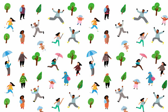 Collection Of Running And Standing People Vector Illustration With Trees