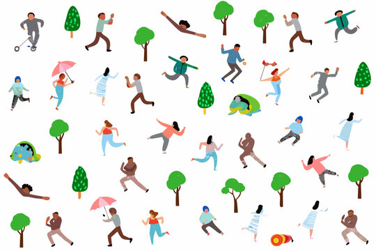 People And Trees Vector Illustration With Flat Colors And White Background