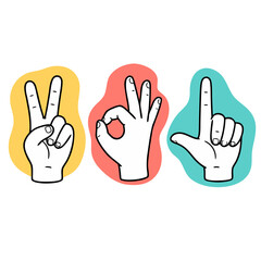 Fototapeta premium Graphic design elements showing peace sign okay gesture and finger pointing up. Vector illustrations with colorful backgrounds for creative projects.
