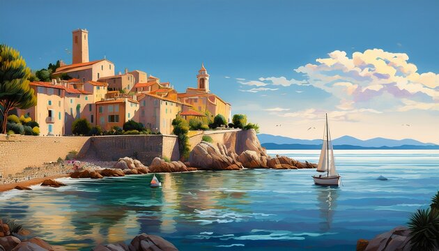 artwork of antibes france depicting a clifftop village with stone buildings towers and a sailboat on the calm blue sea along the rocky coastline