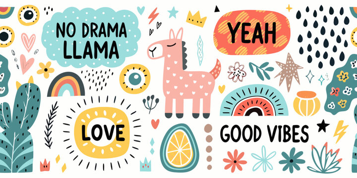 Floral ornament and lettering pattern with llama and cactus elements