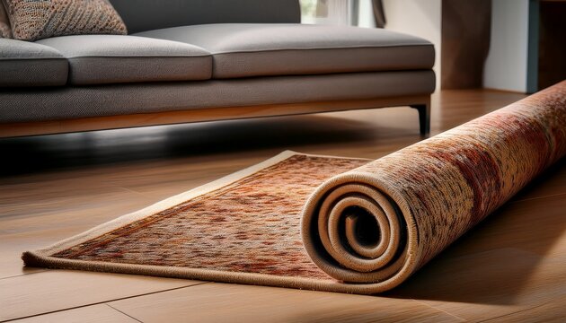 rolled patterned carpet unravelling onto a wooden floor with a sofa in the background