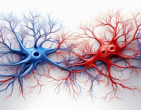 red and blue neurons with branching dendrites and axons communicating isolated on a white or white background cutout