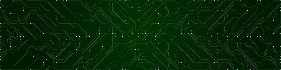 Obraz premium Dark green circuit board pattern with white dots and intricate pathways technology electronic