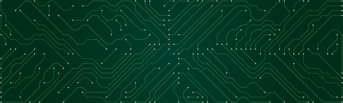 Green circuit board pattern with white dots and lines on dark green background technology electronic
