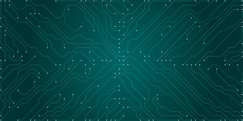 Obraz premium Teal circuit board pattern with white dots and lines on dark teal background technology abstract