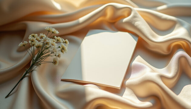 Blank notepad with dried flowers and flowing fabric mockup