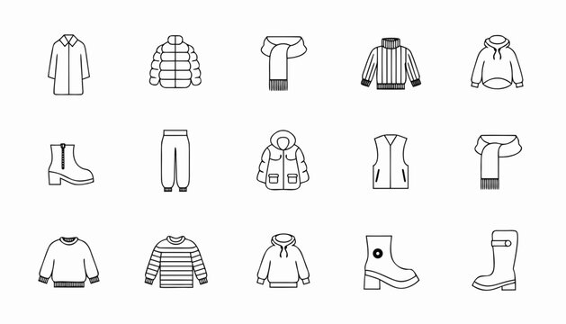 Winter Clothing and Outerwear Line Art Set