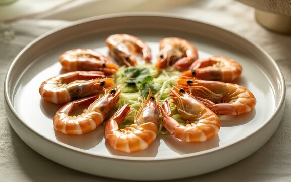 Grilled jumbo shrimp and garlic butter toast on white plate with greens