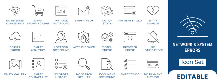 Network & System Errors Outline Icon Set. App empty state UI featuring 404, no internet, empty cart, and server disconnected line vectors.