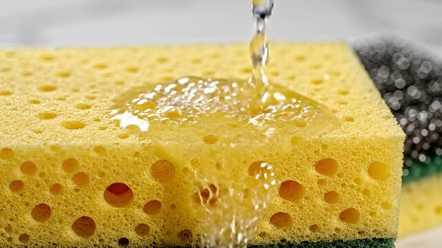 Closeup of a yellow sponge with liquid being poured onto it.