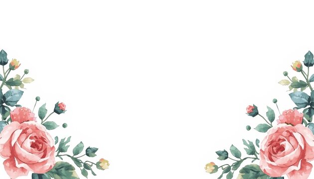 There is a watercolor painting of pink roses and green leaves on a white background
