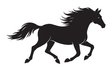 Majestic running horse silhouette, black stallion galloping vector illustration, powerful equine animal profile with flowing mane and tail © jutt