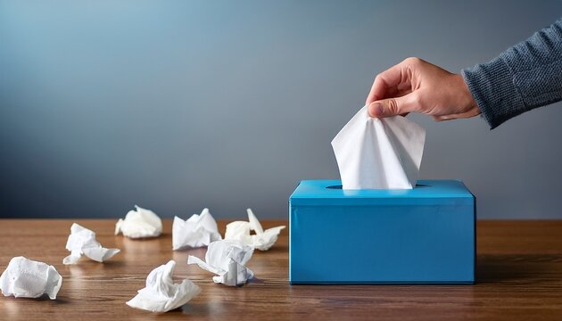 hand pulling tissue from blue box on table with scattered crumpled tissues