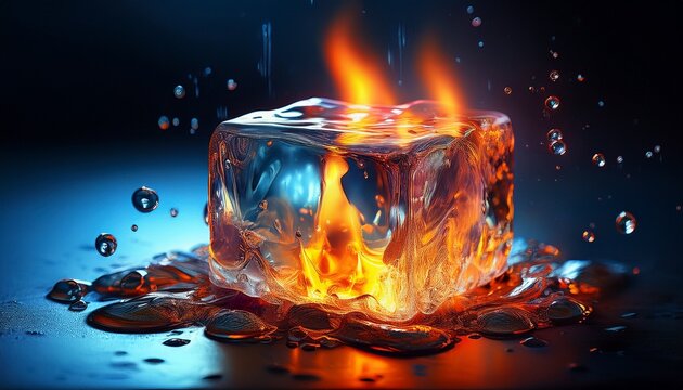 ice cube melting amid flames and water droplets with fiery cool contrast