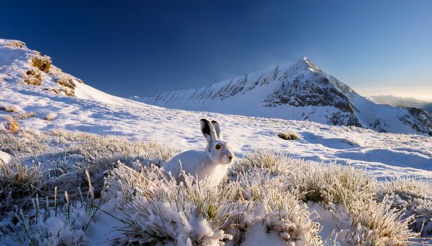 snow covered alpine meadow with mountain hare resting among frosty grass