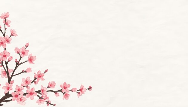 Branch of a cherry tree with pink flowers against a white background