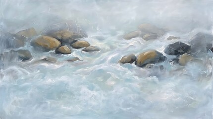 Fototapeta premium Rushing river water flowing rapidly over smooth river stones in a misty environment with soft white foam and grey pebbles for a serene nature landscape background with copy space