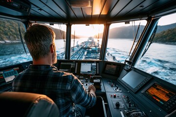 Fototapeta premium Helmsman guiding a ship through a fjord at sunset, ideal for maritime navigation, transport leadership and travel content.