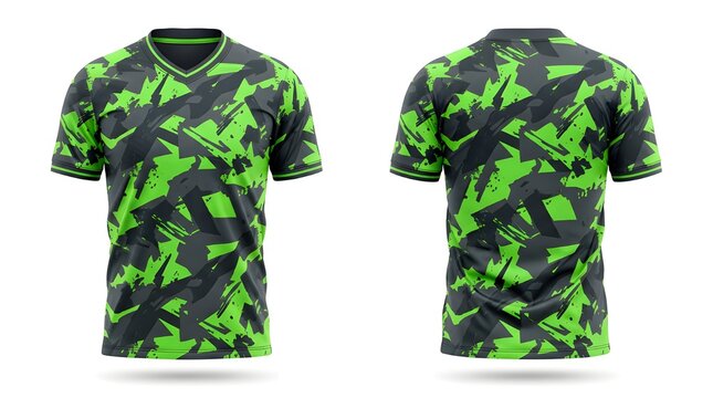 Modern Sports Mockup Jersey Design With Abstract Green Camouflage Pattern - Perfect For Branding And Apparel Presentation