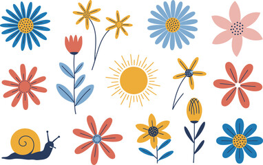 Botanical illustration set with flowers sun and snail vector graphics © Bishal