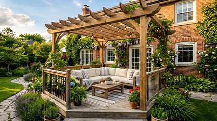 Obraz premium Beautiful outdoor living space featuring a wooden pergola covering a comfortable seating arrangement on a deck surrounded by lush green gardens and a charming brick house on a sunny day creating