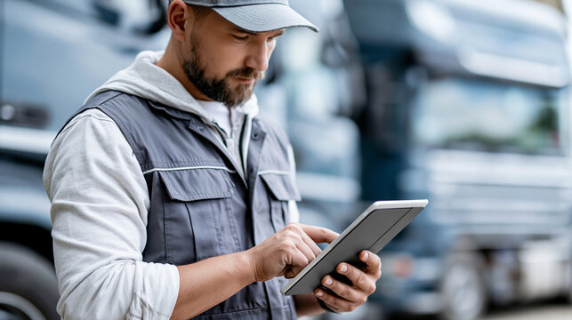 Professional truck driver checking his route on a tablet computer while standing by his long vehicle, transportation service and navigation concept, faceless, defocused
