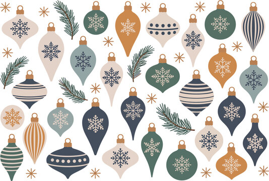 Festive christmas ornament seamless pattern with snowflakes and pine branches