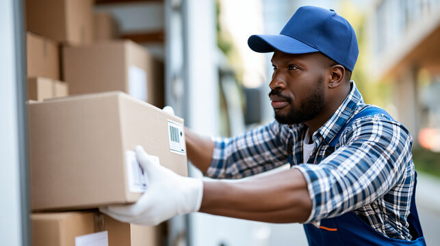 African American truck driver loading cardboard boxes onto a truck, freight delivery and logistics concept, faceless, defocused background, with copy space
