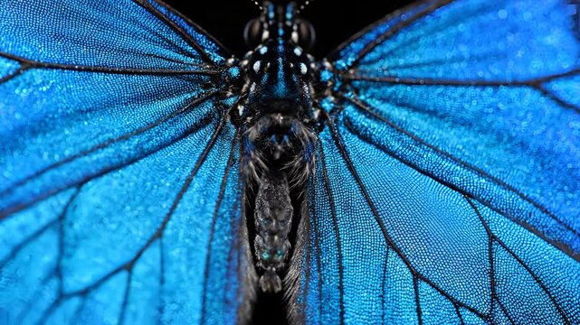 Extreme CloseUp Macro Shot of a Vibrant Blue Morpho Butterfly Wing.