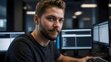 Fototapeta premium Young Man with Beard Engaged in Programming While Working in a Modern Office Workspace