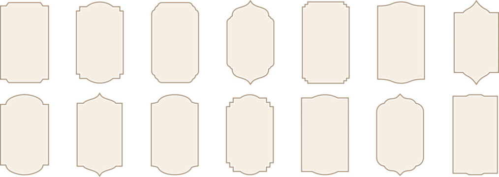 Set of ornamental label vintage frames, form and Islamic shape. Vector emblem decorative card, ornate luxury design tag illustration