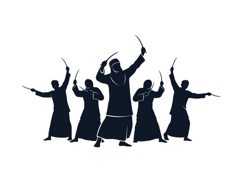 Traditional Arabic sword dance silhouette, Middle Eastern folk performers in thobe, Saudi Ardah cultural vector art