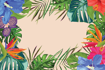 Exotic tropical palm leaves, strelitzia, orchid and hibiscus. Frame border background. Summer vector illustration. Template for card © natikka