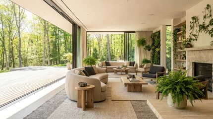 Fototapeta premium A sunlit modern living room with curved sofas and wall plants overlooking a lush forest landscape.