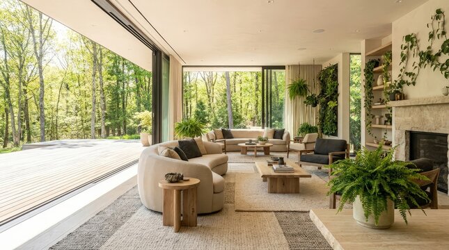 A sunlit modern living room with curved sofas and wall plants overlooking a lush forest landscape.