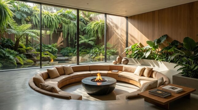 A circular sunken sofa arrangement surrounds a modern fire pit in a lush garden view living room.