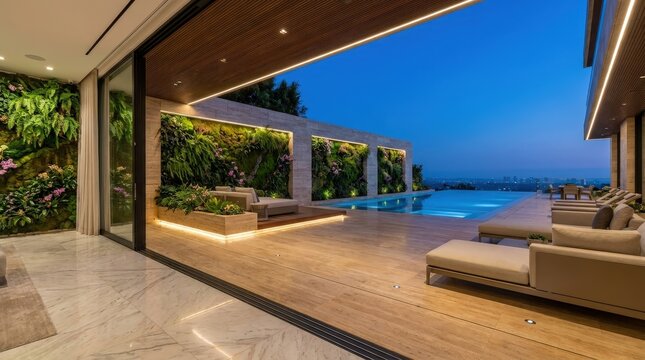 A Luxurious Modern Mansion Patio Featuring Vertical Gardens And An Infinity Pool At Twilight Hour.