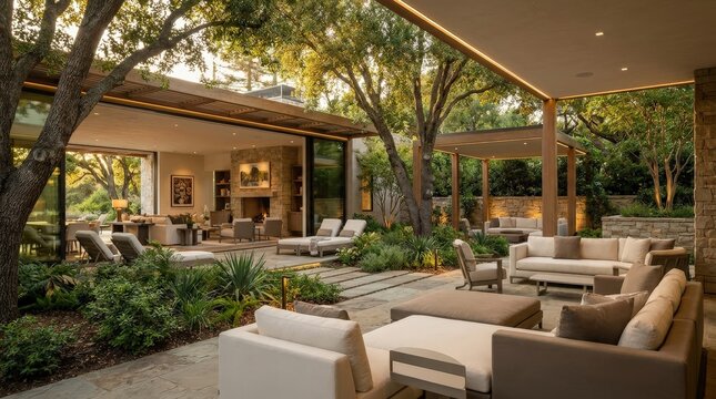 A Luxury Modern Patio Features Comfortable Outdoor Seating Areas With Lush Green Trees And Gardens.