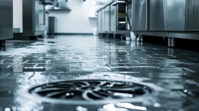 Wet kitchen floor and drain in a commercial cooking space during busy lunch hour