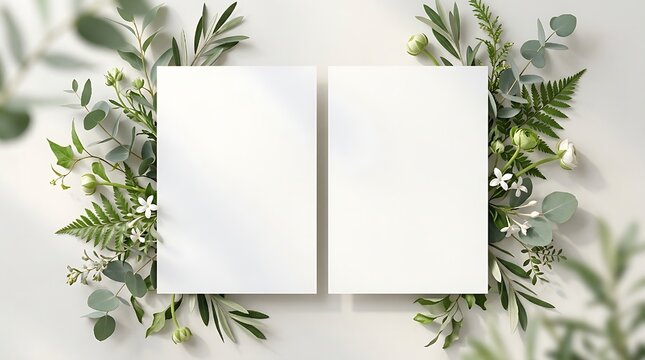 Two vertical white paper cards placed side by side surrounded by beautiful fresh green eucalyptus leaves and small white flowers